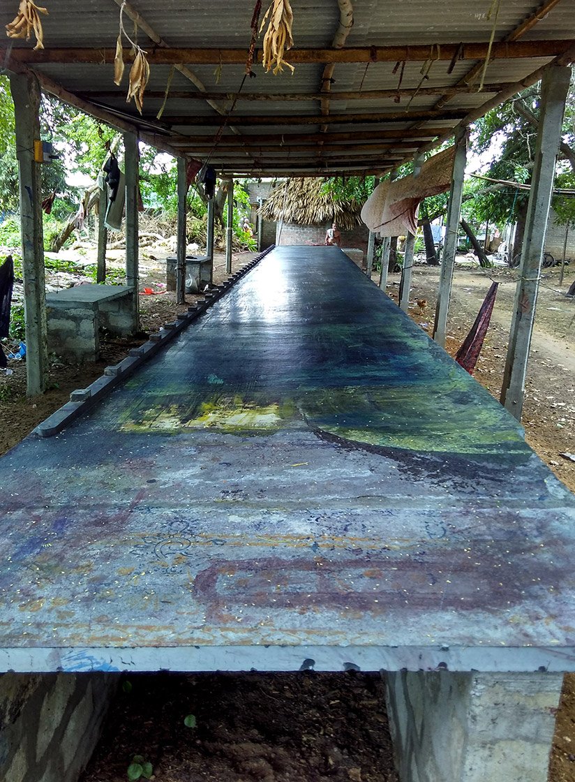 An empty Kalamkari workshed on a rainy day; work is possible only on sunny days because drying is an important part of the block printing process