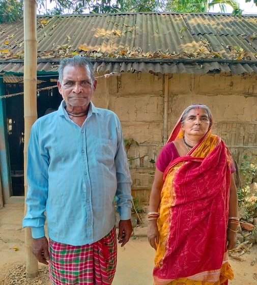 Left: Roopchand and Basana Debnath in front of their mud house .