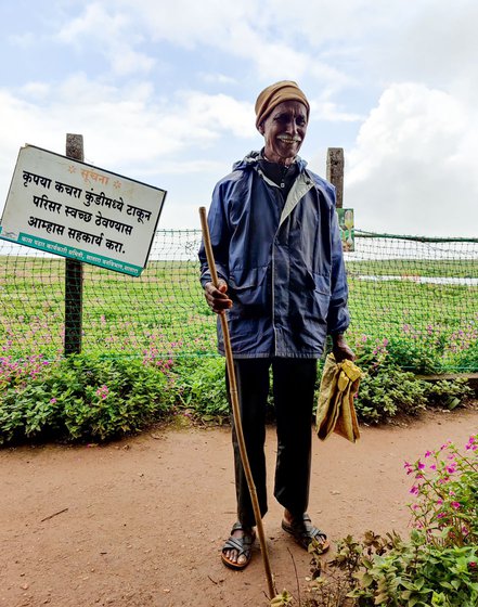 Laxman Shinde (left) from Vanjolwadi collects plastic and non-disposable debris on Kaas during the flowering season. Ironically, it is the tourism that has opened seasonal employment opportunities between August and October for Laxman, Sulabai (right) and others from the surrounding villages