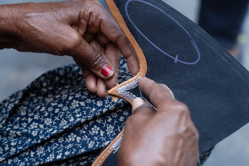 Veerpal Kaur, Hans Raj’s wife, learnt to embroider juttis from her mother-in-law. She prefers to sit alone while she works, without any distractions.