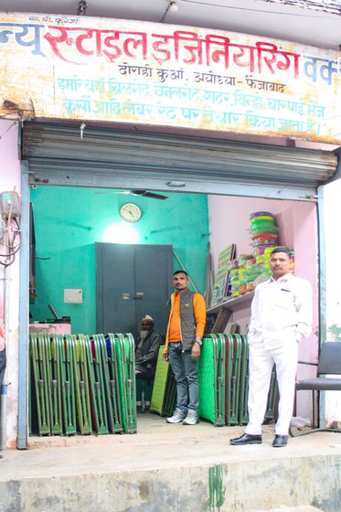 Left: Shabbir Qureshi with sons Abdul Wahid and Jamal inside the family’s New Style Engineering Works welding shop. The family started with the work of making metal cots and has now progressed to erecting watch towers and metal barricades inside the Ram Janmabhoomi temple.