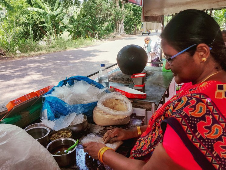 Shyamala (left) says, 'I have to be very careful or the reku will break.' Packed pootharekulu ready to be shipped