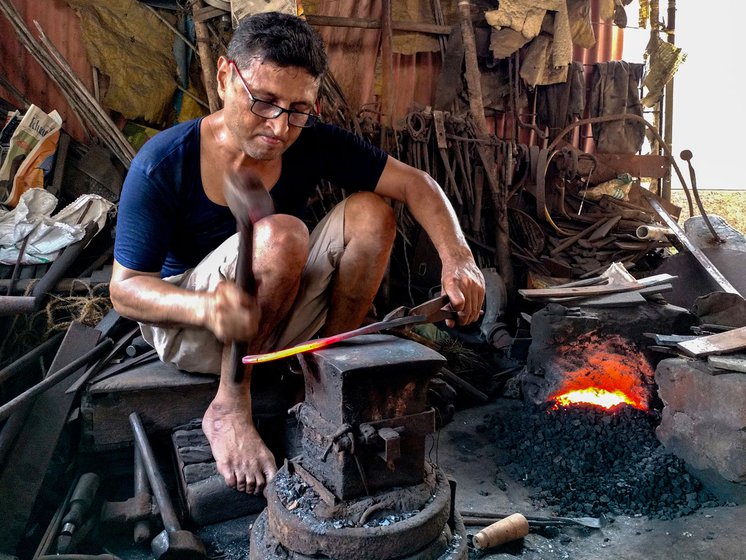 Left: Rajesh shaping his tools using a small hammer.