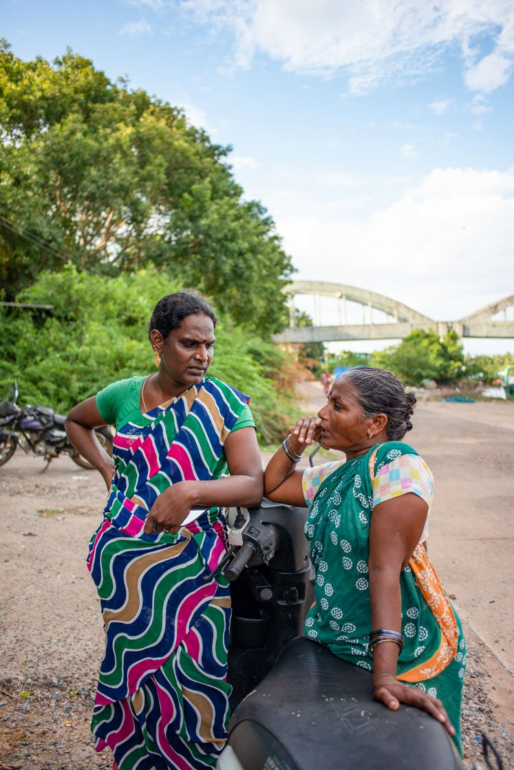 Maneesha with a friend (left) after work and outside her home (right)