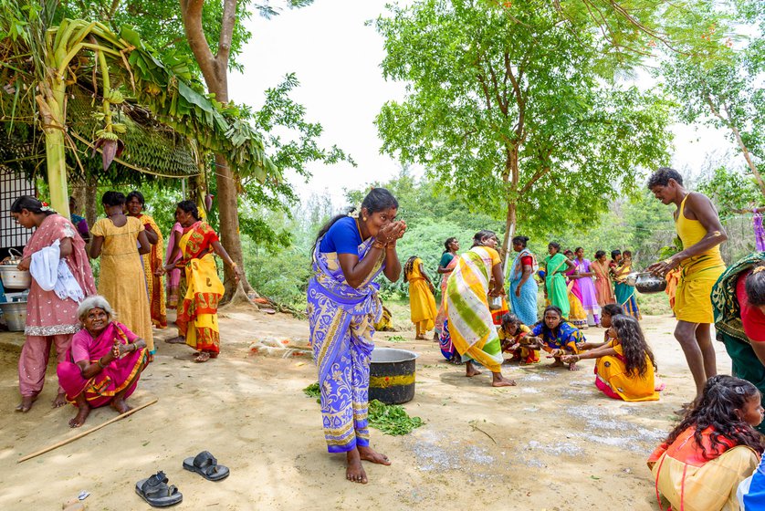 Right: Koozhu, a porridge made of rice and kelvaragu [raagi] flour is prepared as offering for the deity. It is cooked for the entire community in large aluminium cauldrons and distributed to everyone