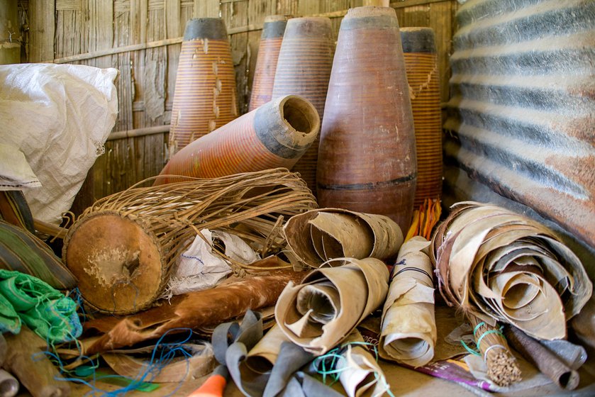 Procuring skins for leather has become difficult these days, craftsmen say. Rolls of leather and a set of khols awaiting repairs are stored in one corner of the shop