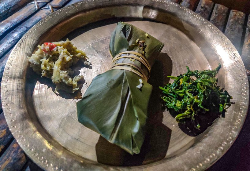 Right: A Mising thali being prepared