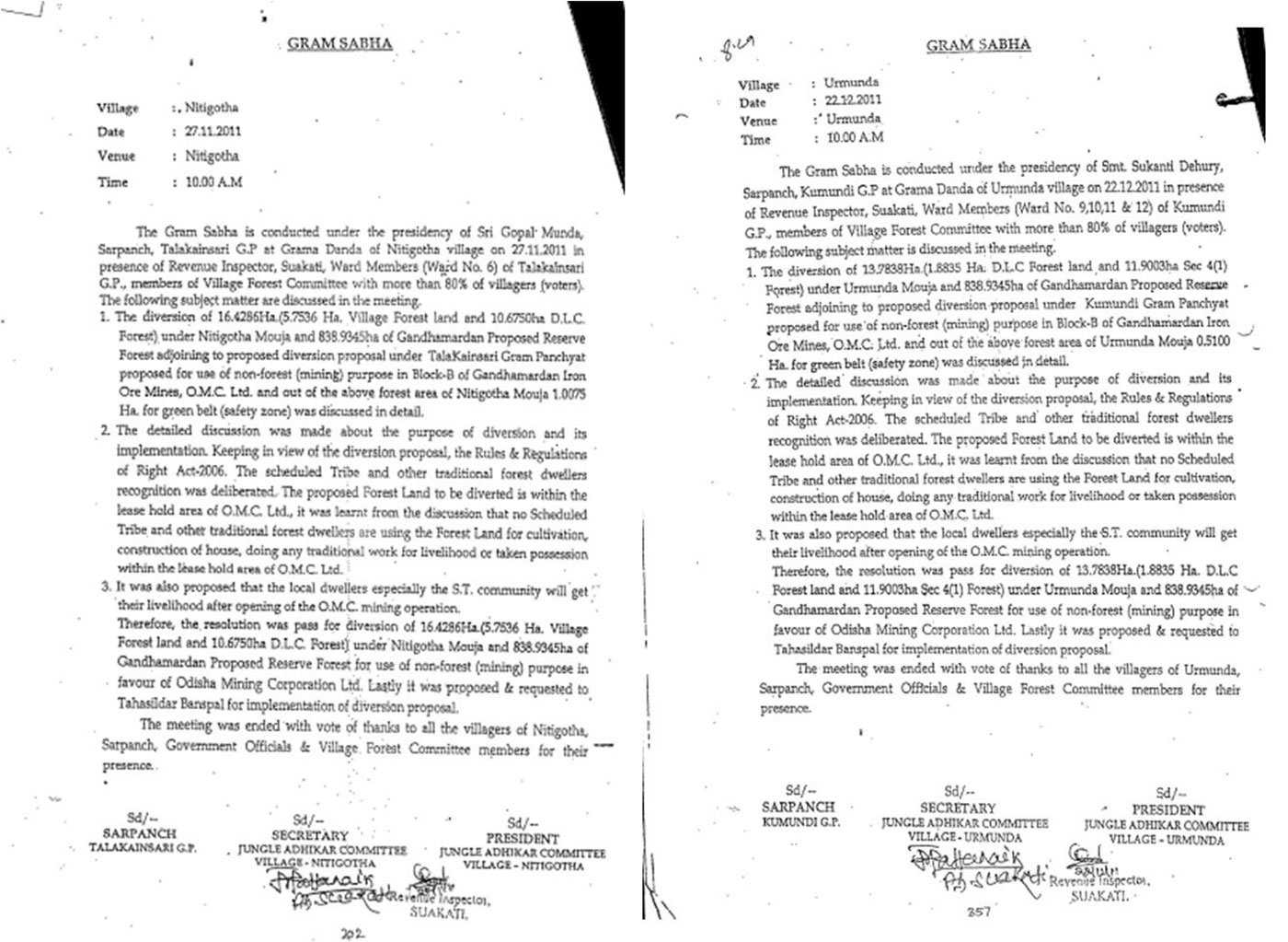 Two of the seven village resolutions. If government documents in the forest clearance submission are to be believed, seven meetings in seven different villages resulted in seven exactly identical consent resolutions