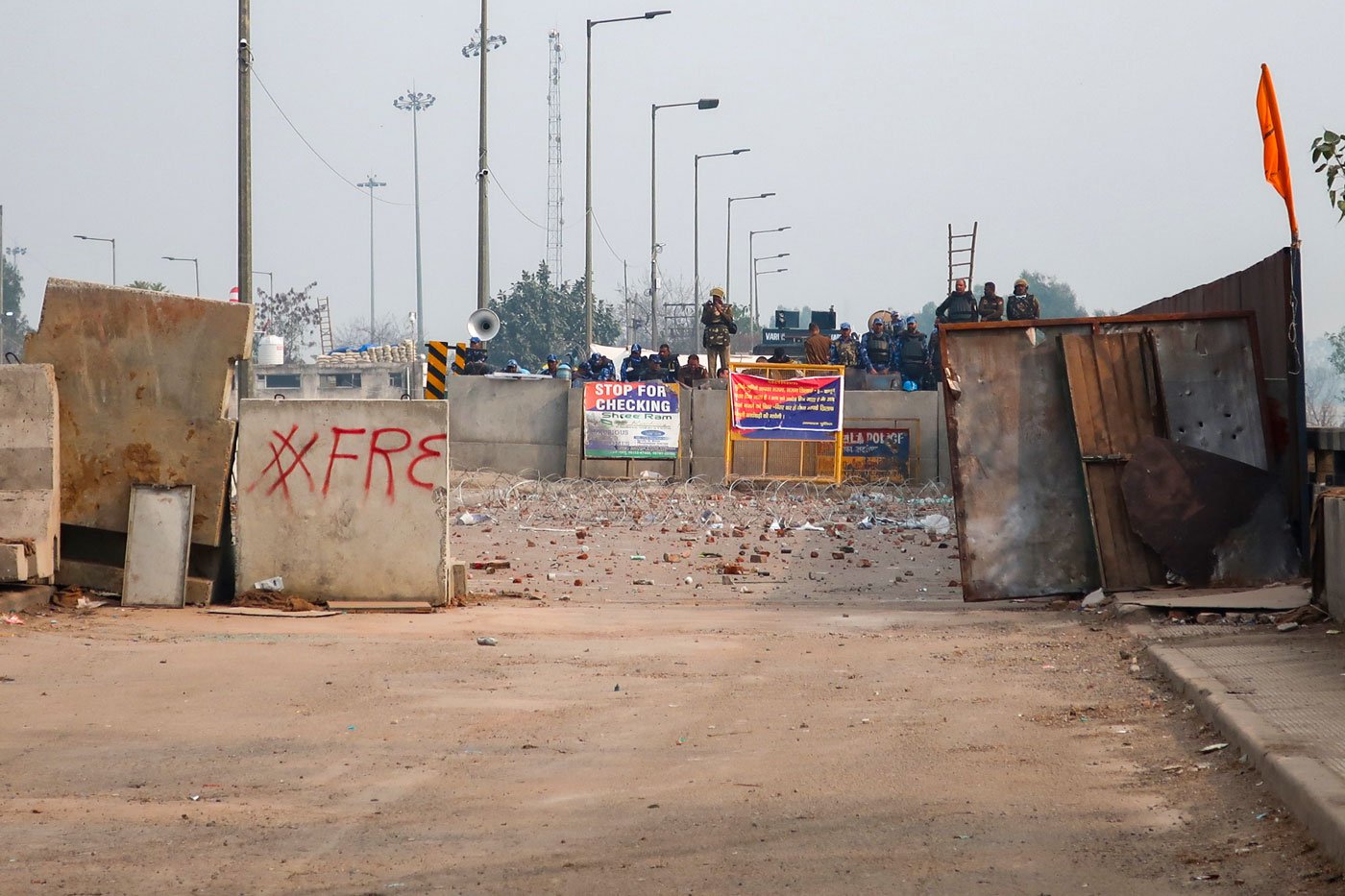 The debris in front of the barricades