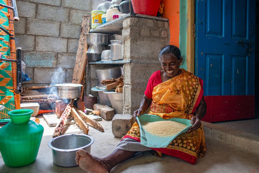 Left: Rani winnows the rice to remove any impurities.