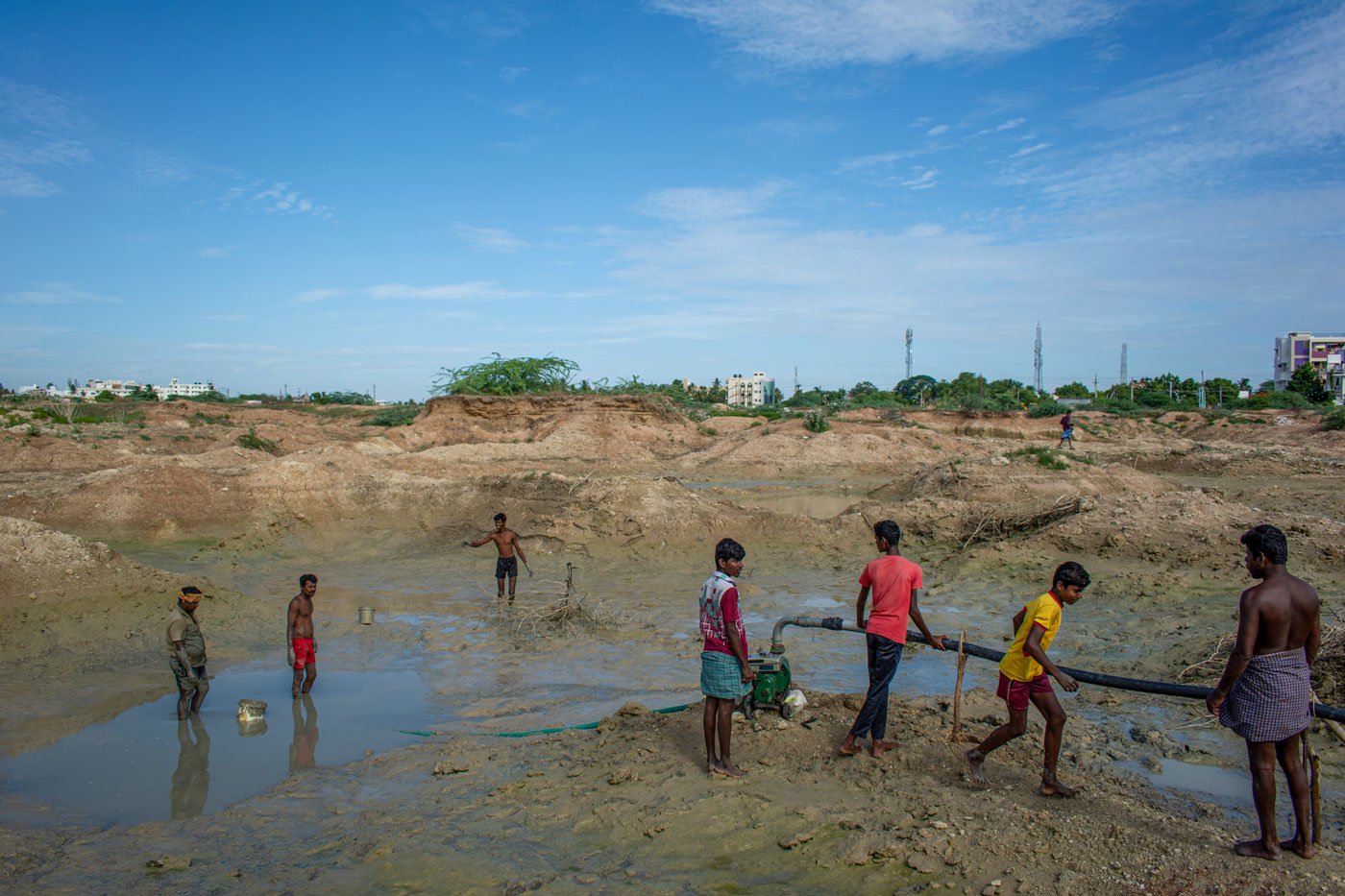 As the season comes to an end and water starts drying up, fishermen pump out water left in the lake to catch korava and veral varieties