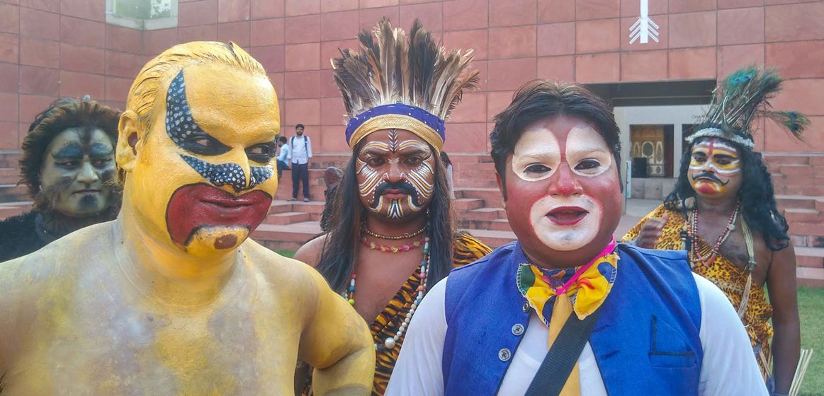 Left: The Khan brothers, Akram (left), Feroze (right) and Salim (middle) are Bahurupi artists from Bandikui in Dausa district of Rajasthan.