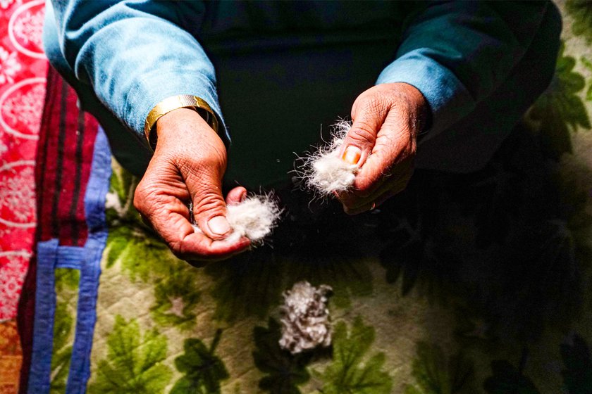 Zooni Begum demonstrates how a chakku is used to spin loose wool into thread