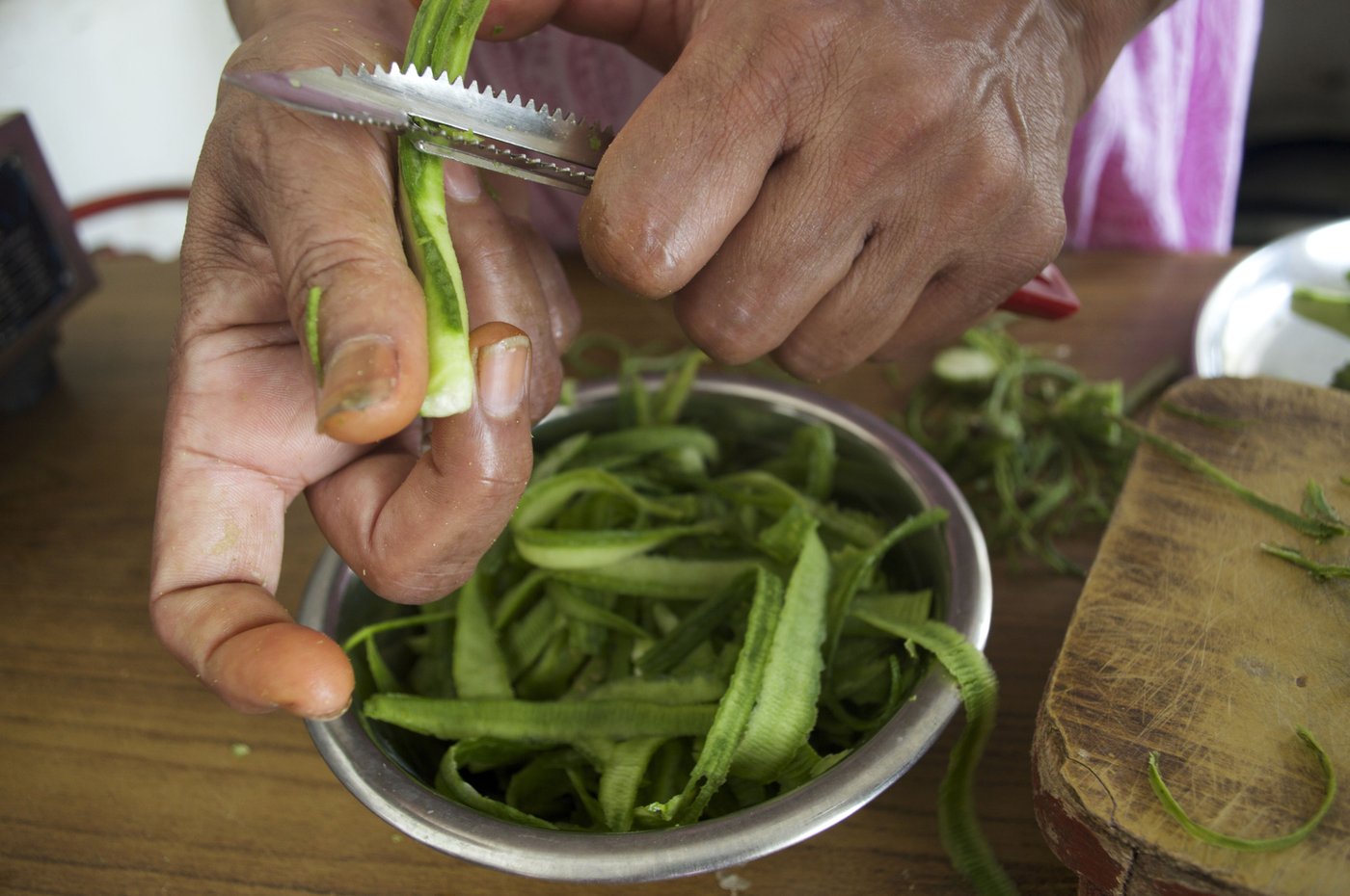 The ridge gourd peels are long and slim, absorbing flavours easily. For the turoi, or ridge gourd, she uses the vegetable and its peel separately to make two different dishes