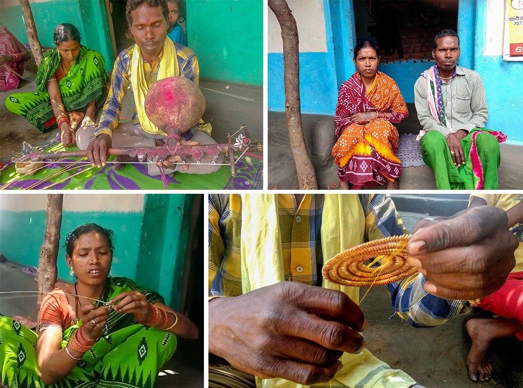 Tp left: Gopinath Debguru sings a verse from Laxmi Purana with his Laxmi veena, while Kanti Debguru prepares garlands with paddy.  Top right: Kanti and Gopinath at the doorway of their two-room mud house in Khudpeja, where they live with their three daughters. Bottom left: Kanti fastens the paddy with red yarn on bamboo slivers to make the garlands. Bottom right: Gopinath makes the base of the idol with the garlands