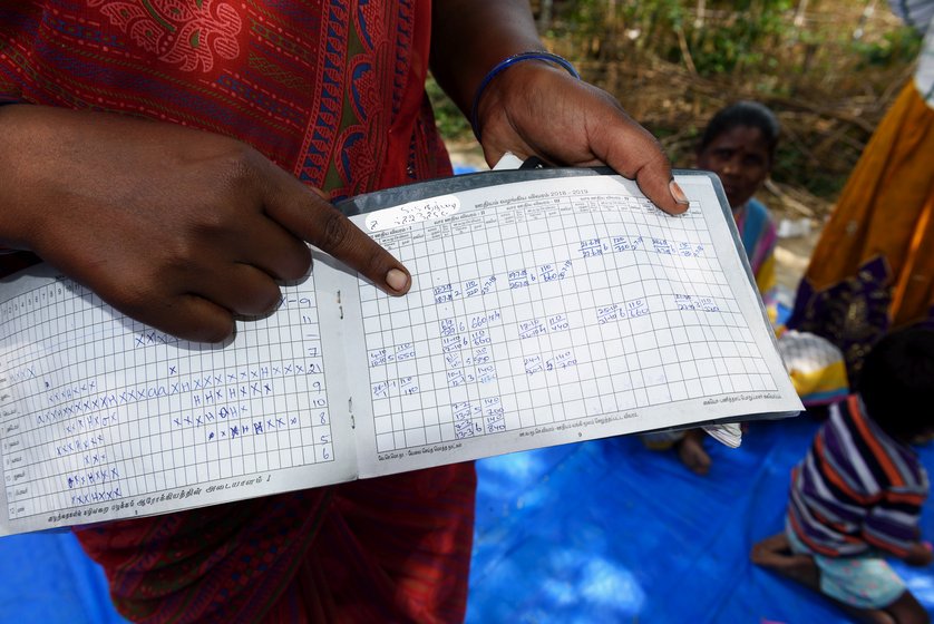 Left: The women of Bangalamedu, an Irular colony in Cherukkanur  panchayat, discuss MGNREGA wages. Right: S Sumathi with her job card. The attendance and wage details on most of the job cards in this hamlet don't tally with the workers’ estimates