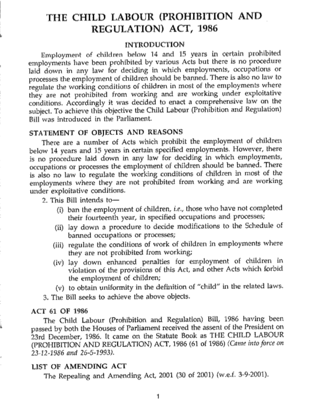 The Child Labour (Prohibition and Regulation) Act, 1986