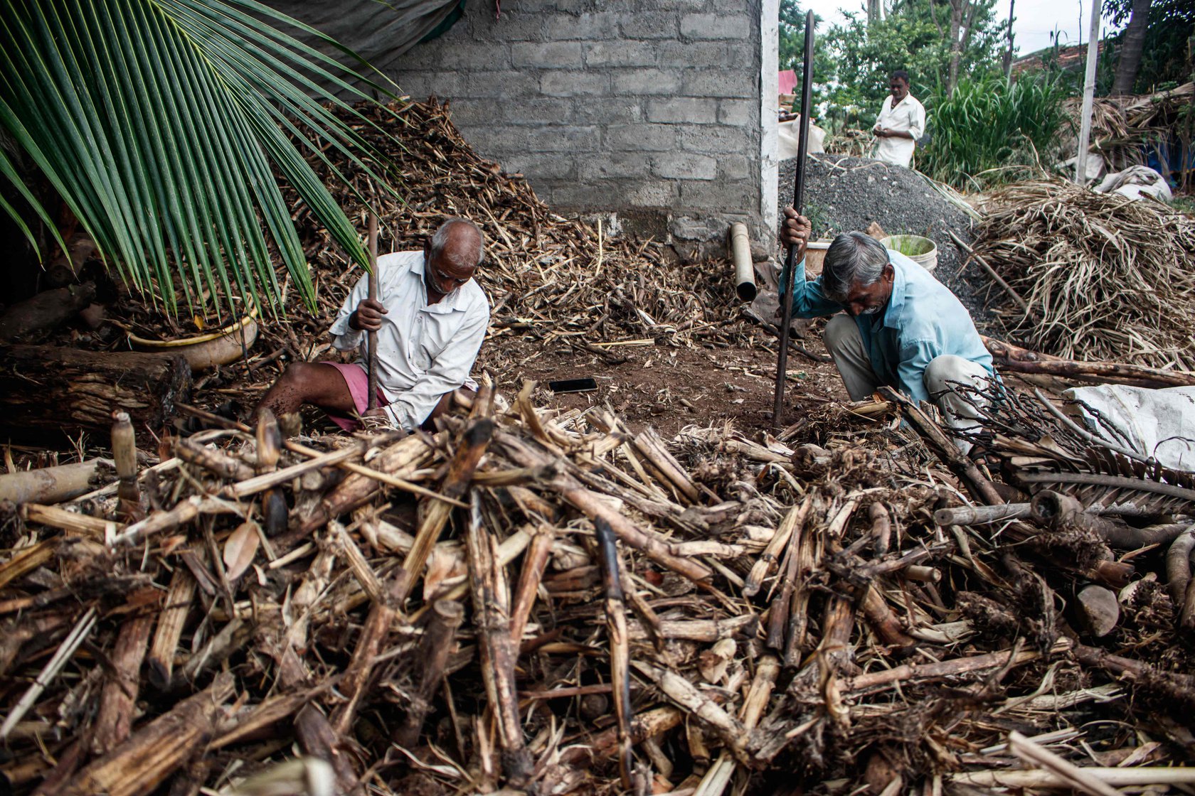 Narayan Gaikwad (on the left) and Vishnu Bhosale digging holes in the ground into which poles ( medka ) will be mounted