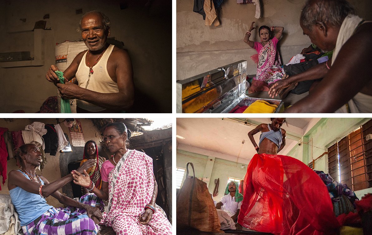 Photo one - Charubala’s rasik Shravan Kalindi at their home.
Photo two - Shravan helps Charubala dress for her performance
photo three - Charubala chatting with dholak player 
photo four - A performer getting ready