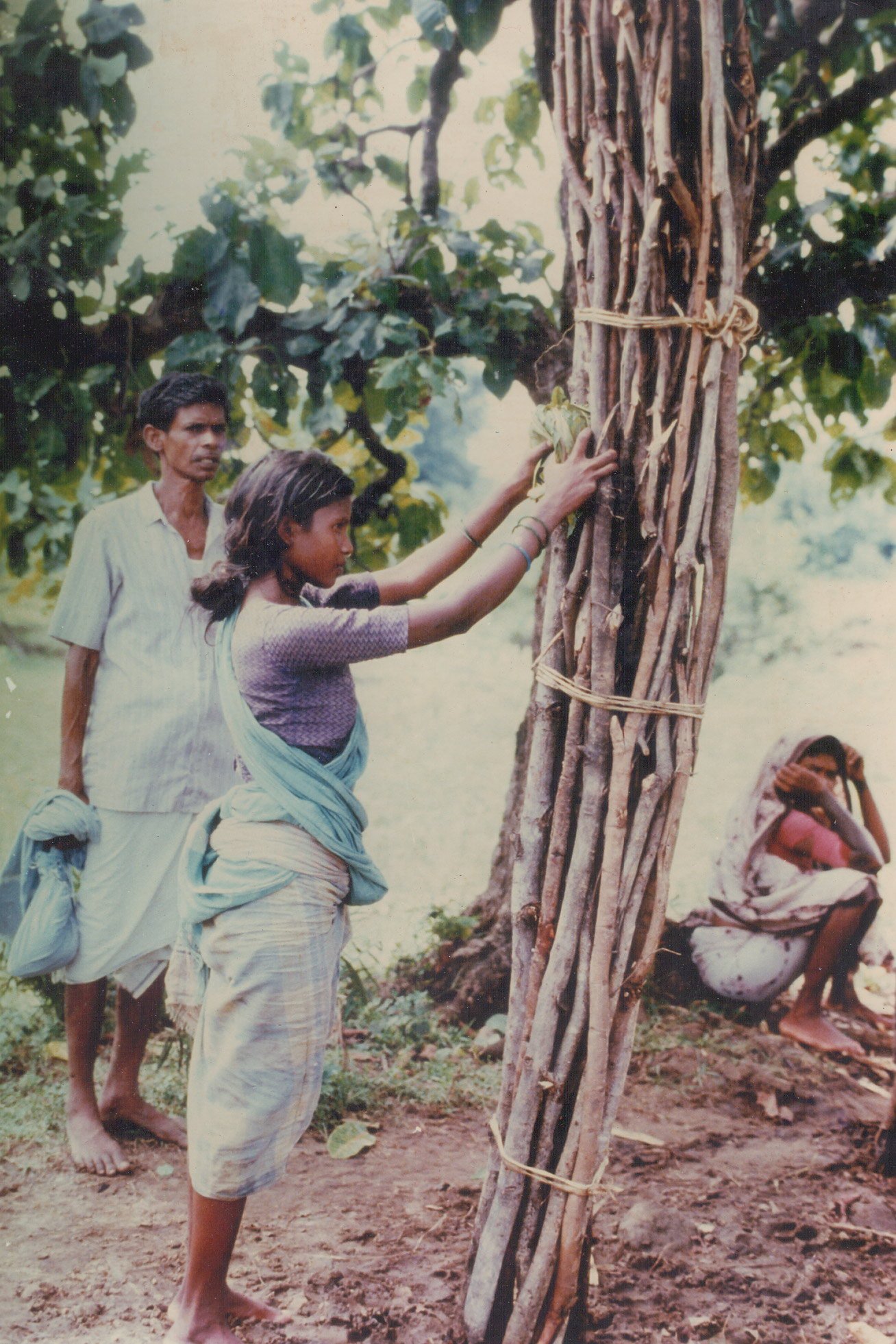 Woman assessing weight of load of wood